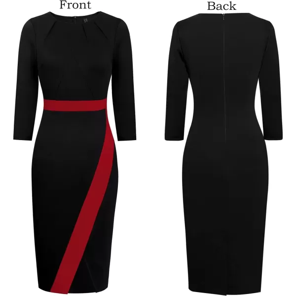 VFSHOW Womens Pleated Crew Neck Patchwork Work Business Office Bodycon Pencil DressBlack and Red