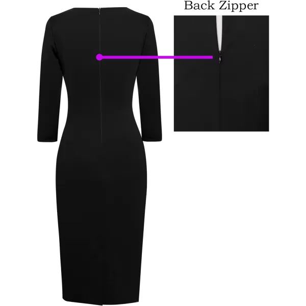 VFSHOW Womens Pleated Crew Neck Patchwork Work Business Office Bodycon Pencil DressBlack and Red