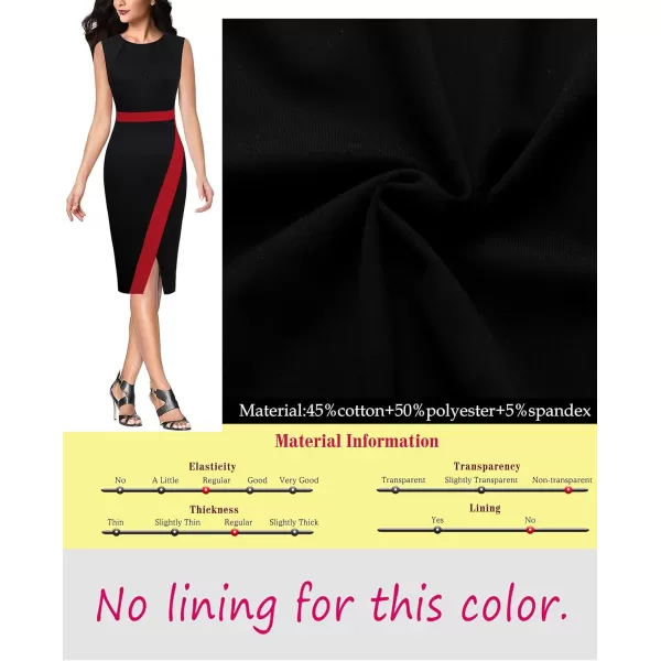 VFSHOW Womens Pleated Crew Neck Patchwork Work Business Office Bodycon Pencil DressBlack and Red3