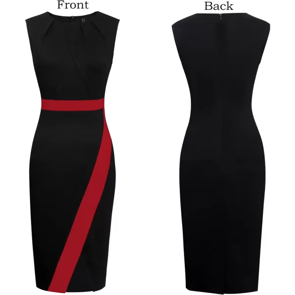 VFSHOW Womens Pleated Crew Neck Patchwork Work Business Office Bodycon Pencil DressBlack and Red3