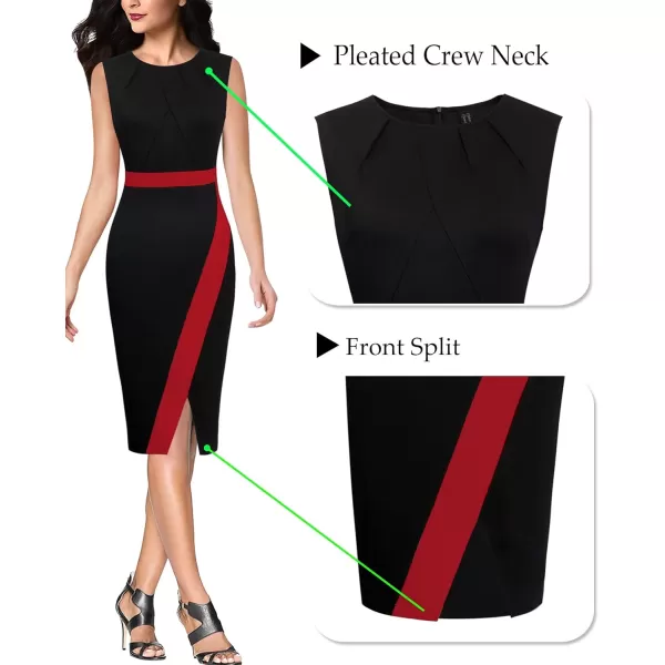 VFSHOW Womens Pleated Crew Neck Patchwork Work Business Office Bodycon Pencil DressBlack and Red3