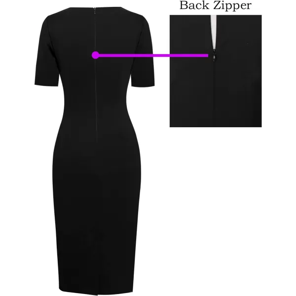 VFSHOW Womens Pleated Crew Neck Patchwork Work Business Office Bodycon Pencil DressBlack and Redshort Sleeve