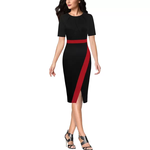 VFSHOW Womens Pleated Crew Neck Patchwork Work Business Office Bodycon Pencil DressBlack and Redshort Sleeve