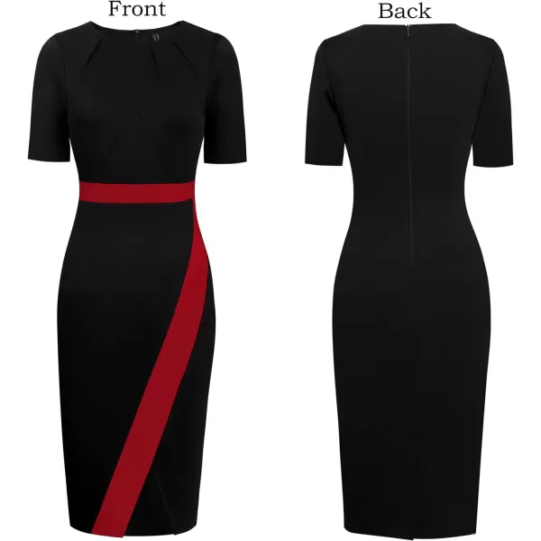 VFSHOW Womens Pleated Crew Neck Patchwork Work Business Office Bodycon Pencil DressBlack and Redshort Sleeve