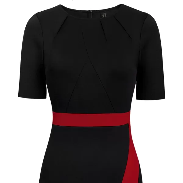 VFSHOW Womens Pleated Crew Neck Patchwork Work Business Office Bodycon Pencil DressBlack and Redshort Sleeve