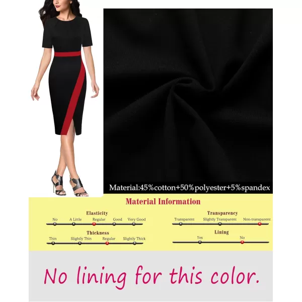 VFSHOW Womens Pleated Crew Neck Patchwork Work Business Office Bodycon Pencil DressBlack and Redshort Sleeve