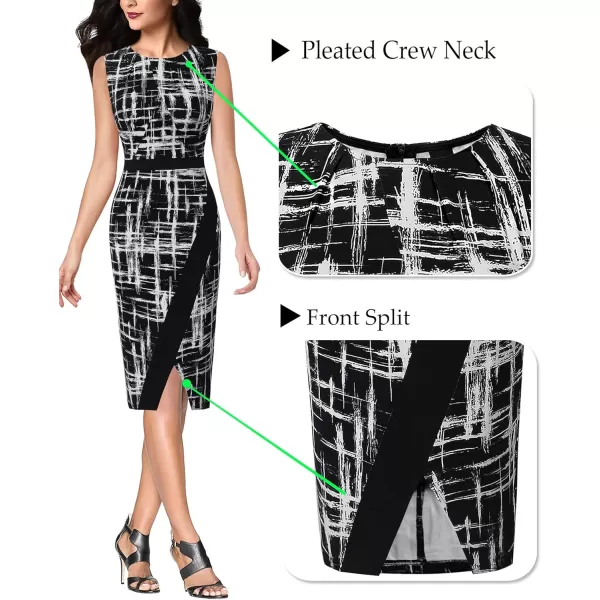 VFSHOW Womens Pleated Crew Neck Patchwork Work Business Office Bodycon Pencil DressBlack and White Geometric Print