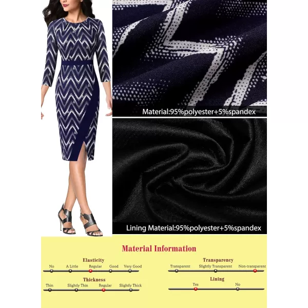 VFSHOW Womens Pleated Crew Neck Patchwork Work Business Office Bodycon Pencil DressBlue Zigzag Printed