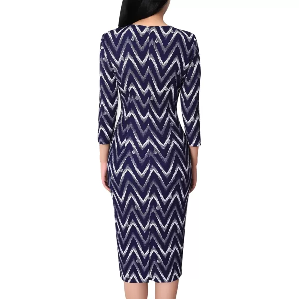 VFSHOW Womens Pleated Crew Neck Patchwork Work Business Office Bodycon Pencil DressBlue Zigzag Printed