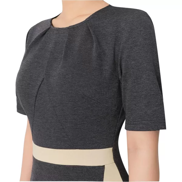 VFSHOW Womens Pleated Crew Neck Patchwork Work Business Office Bodycon Pencil DressGrey and Beige2