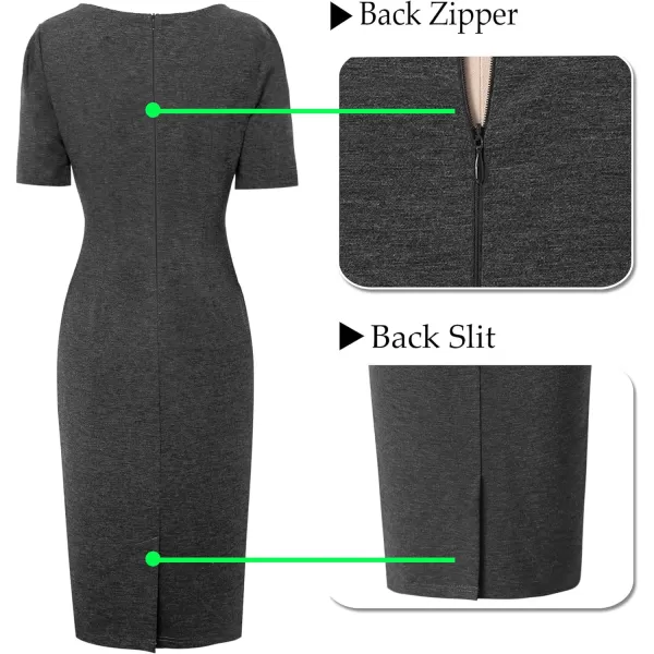 VFSHOW Womens Pleated Crew Neck Patchwork Work Business Office Bodycon Pencil DressGrey and Beige2