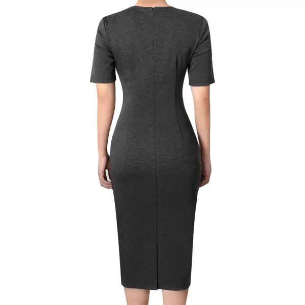 VFSHOW Womens Pleated Crew Neck Patchwork Work Business Office Bodycon Pencil DressGrey and Beige2