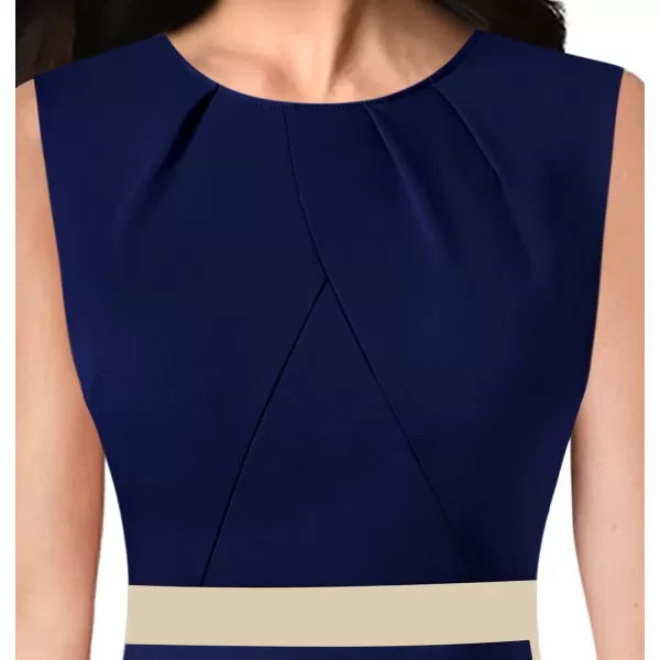 VFSHOW Womens Pleated Crew Neck Patchwork Work Business Office Bodycon Pencil DressNavy Blue  Beige