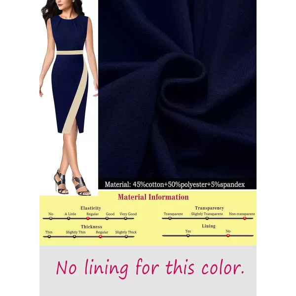 VFSHOW Womens Pleated Crew Neck Patchwork Work Business Office Bodycon Pencil DressNavy Blue  Beige