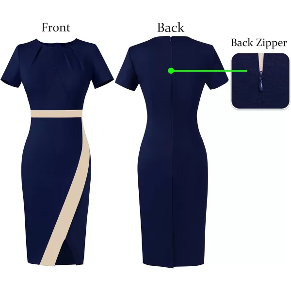 VFSHOW Womens Pleated Crew Neck Patchwork Work Business Office Bodycon Pencil DressNavy Blue and Beige2