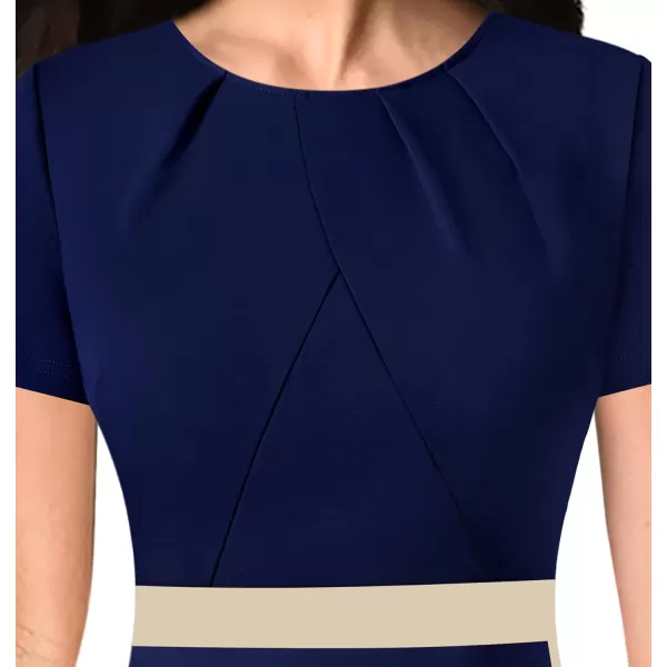 VFSHOW Womens Pleated Crew Neck Patchwork Work Business Office Bodycon Pencil DressNavy Blue and Beige2