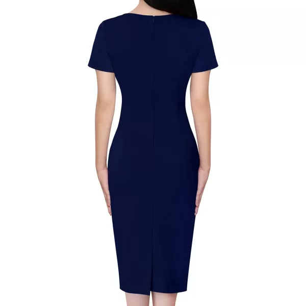 VFSHOW Womens Pleated Crew Neck Patchwork Work Business Office Bodycon Pencil DressNavy Blue and Beige2