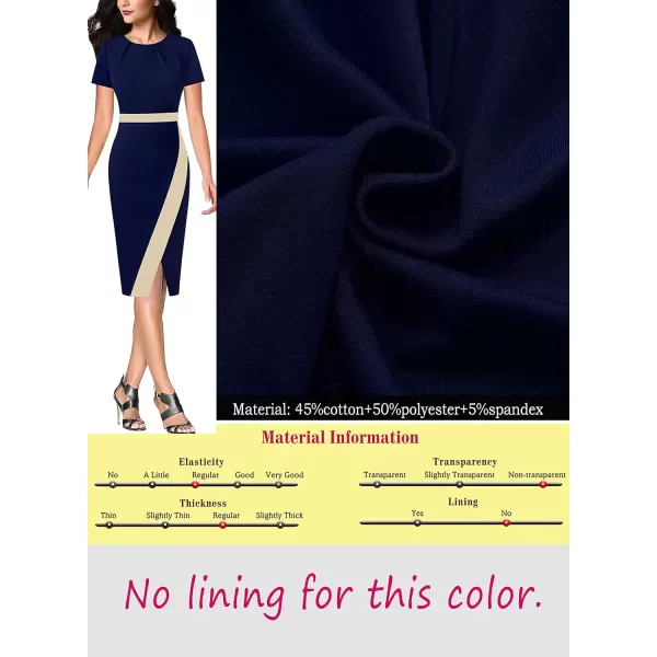 VFSHOW Womens Pleated Crew Neck Patchwork Work Business Office Bodycon Pencil DressNavy Blue and Beige2