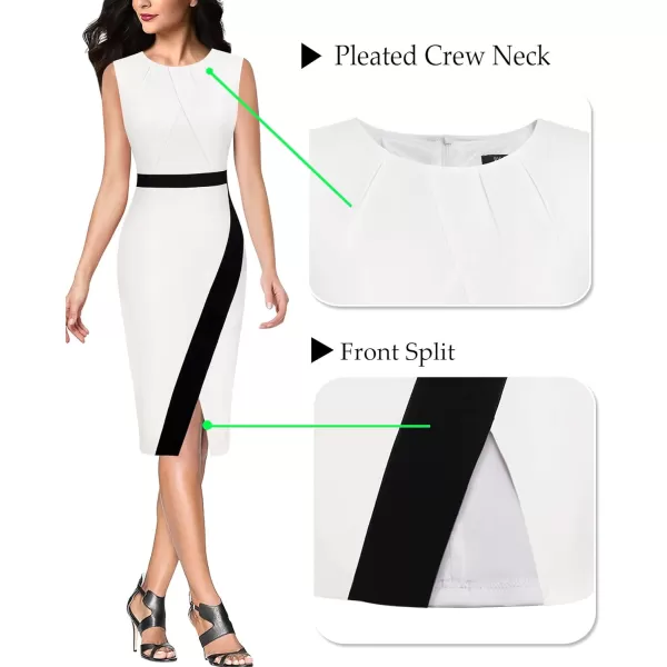 VFSHOW Womens Pleated Crew Neck Patchwork Work Business Office Bodycon Pencil DressOff White and Black2