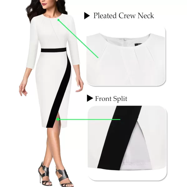 VFSHOW Womens Pleated Crew Neck Patchwork Work Business Office Bodycon Pencil DressOff White and Black3