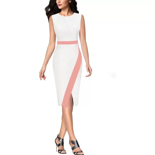 VFSHOW Womens Pleated Crew Neck Patchwork Work Business Office Bodycon Pencil DressOff White and Peach2