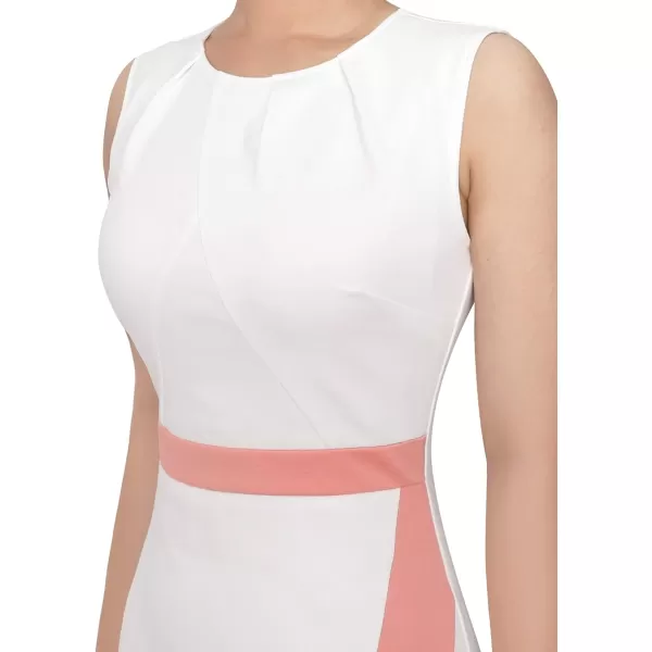 VFSHOW Womens Pleated Crew Neck Patchwork Work Business Office Bodycon Pencil DressOff White and Peach2