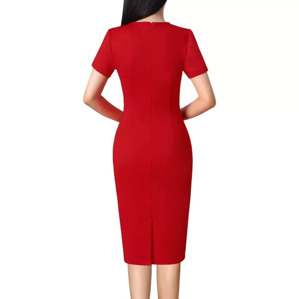 VFSHOW Womens Pleated Crew Neck Patchwork Work Business Office Bodycon Pencil DressRed  Black