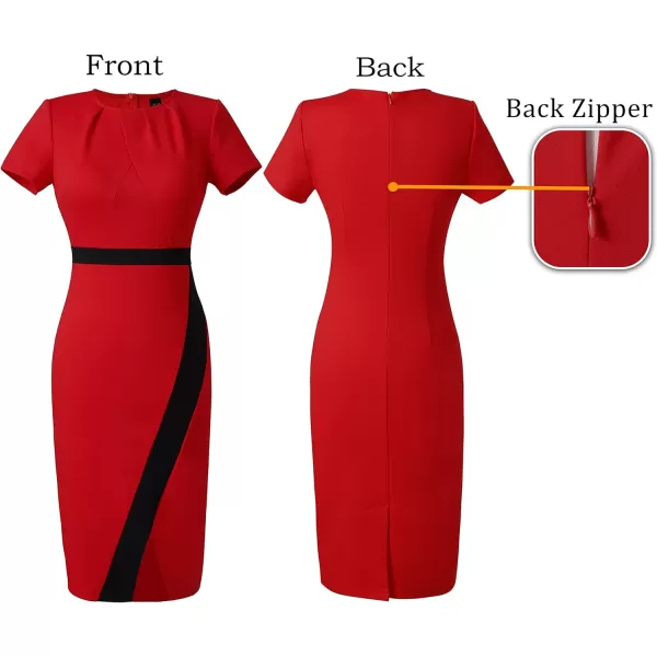 VFSHOW Womens Pleated Crew Neck Patchwork Work Business Office Bodycon Pencil DressRed  Black