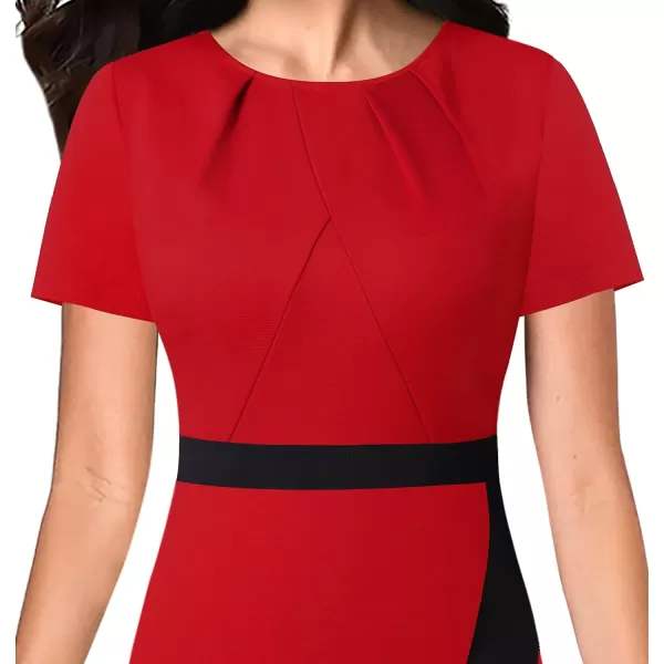 VFSHOW Womens Pleated Crew Neck Patchwork Work Business Office Bodycon Pencil DressRed  Black