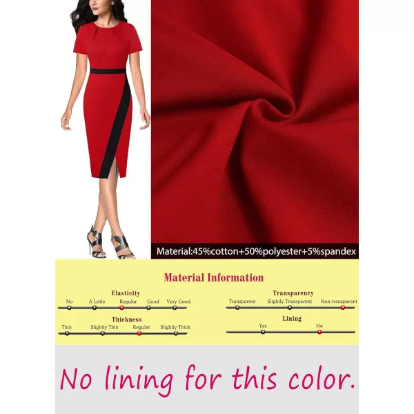 VFSHOW Womens Pleated Crew Neck Patchwork Work Business Office Bodycon Pencil DressRed  Black