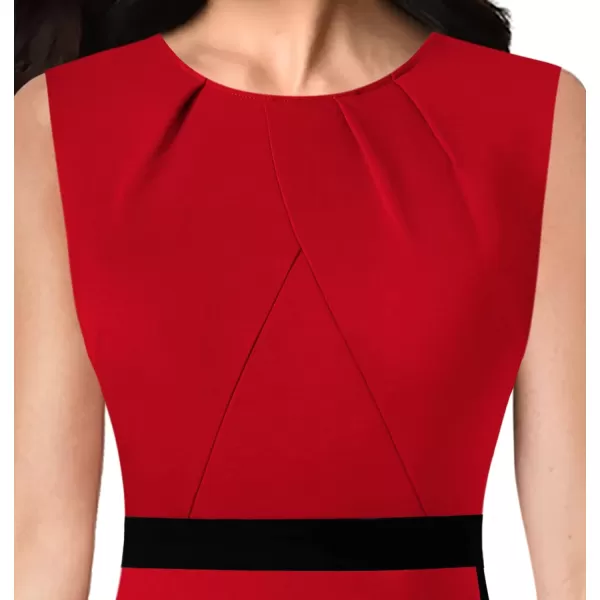 VFSHOW Womens Pleated Crew Neck Patchwork Work Business Office Bodycon Pencil DressRed and Black2