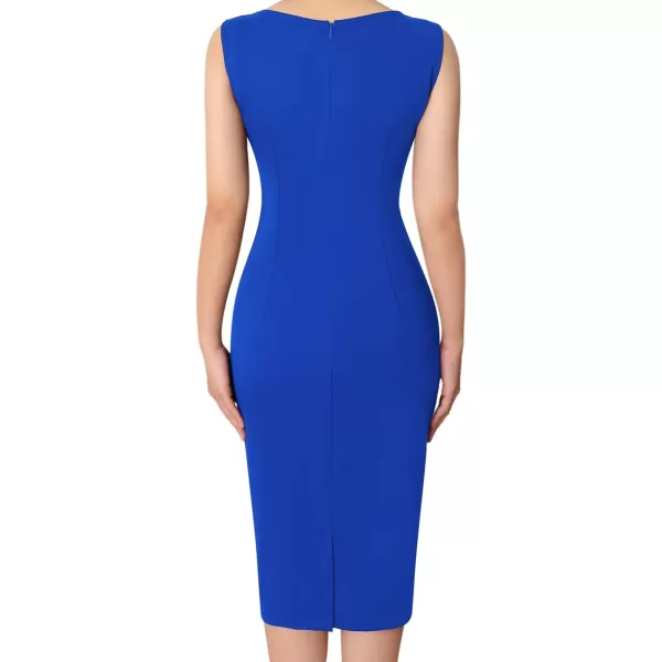 VFSHOW Womens Pleated Crew Neck Patchwork Work Business Office Bodycon Pencil DressRoyal Blue and Black