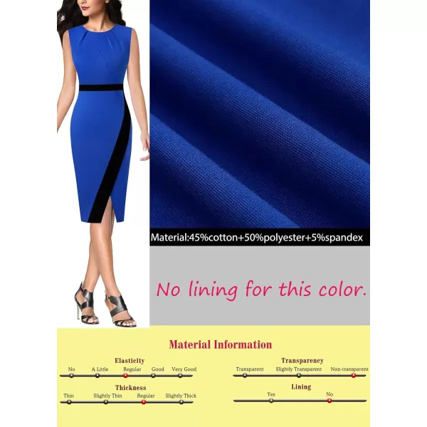 VFSHOW Womens Pleated Crew Neck Patchwork Work Business Office Bodycon Pencil DressRoyal Blue and Black