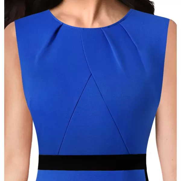 VFSHOW Womens Pleated Crew Neck Patchwork Work Business Office Bodycon Pencil DressRoyal Blue and Black