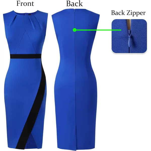 VFSHOW Womens Pleated Crew Neck Patchwork Work Business Office Bodycon Pencil DressRoyal Blue and Black