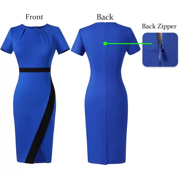 VFSHOW Womens Pleated Crew Neck Patchwork Work Business Office Bodycon Pencil DressRoyal Blue and Black2