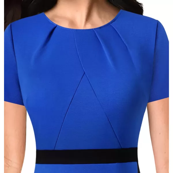 VFSHOW Womens Pleated Crew Neck Patchwork Work Business Office Bodycon Pencil DressRoyal Blue and Black2