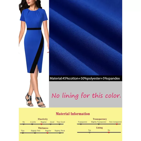 VFSHOW Womens Pleated Crew Neck Patchwork Work Business Office Bodycon Pencil DressRoyal Blue and Black2