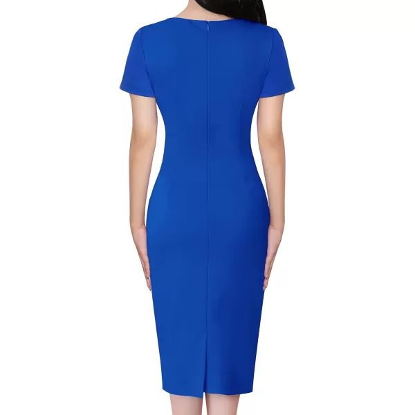 VFSHOW Womens Pleated Crew Neck Patchwork Work Business Office Bodycon Pencil DressRoyal Blue and Black2