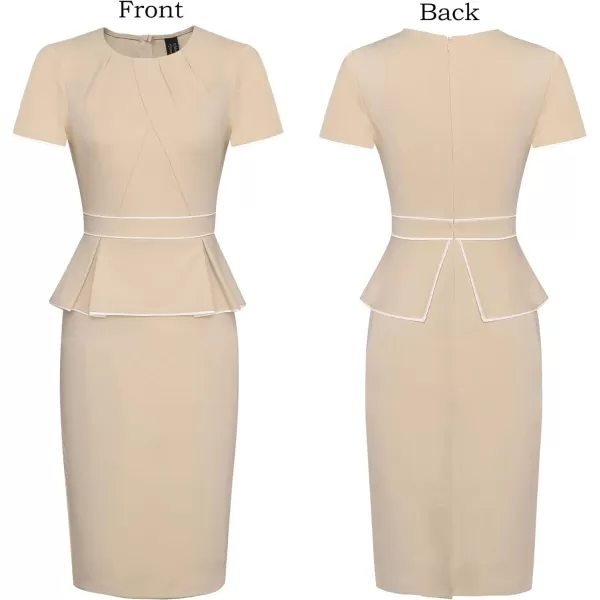 VFSHOW Womens Pleated Crew Neck Peplum Work Office Business Bodycon Sheath DressApricot With White Piping