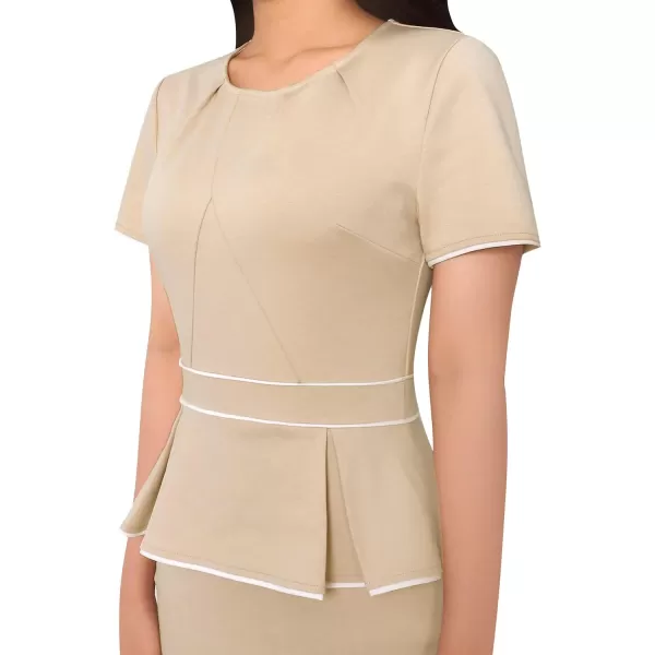 VFSHOW Womens Pleated Crew Neck Peplum Work Office Business Bodycon Sheath DressApricot With White Piping