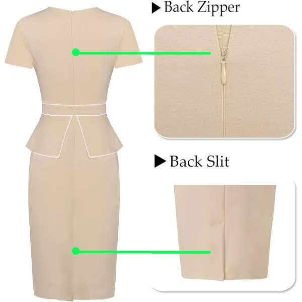 VFSHOW Womens Pleated Crew Neck Peplum Work Office Business Bodycon Sheath DressApricot With White Piping