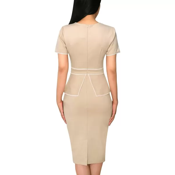 VFSHOW Womens Pleated Crew Neck Peplum Work Office Business Bodycon Sheath DressApricot With White Piping