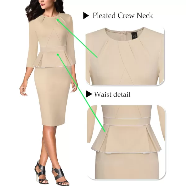 VFSHOW Womens Pleated Crew Neck Peplum Work Office Business Bodycon Sheath DressBeige With White Piping2