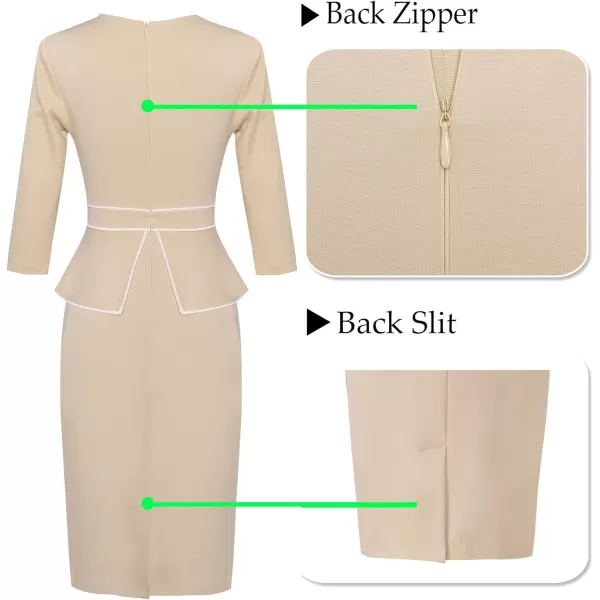 VFSHOW Womens Pleated Crew Neck Peplum Work Office Business Bodycon Sheath DressBeige With White Piping2