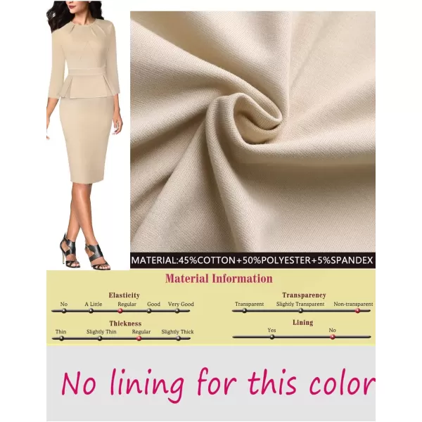 VFSHOW Womens Pleated Crew Neck Peplum Work Office Business Bodycon Sheath DressBeige With White Piping2