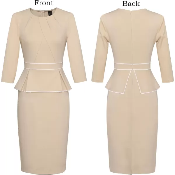 VFSHOW Womens Pleated Crew Neck Peplum Work Office Business Bodycon Sheath DressBeige With White Piping2