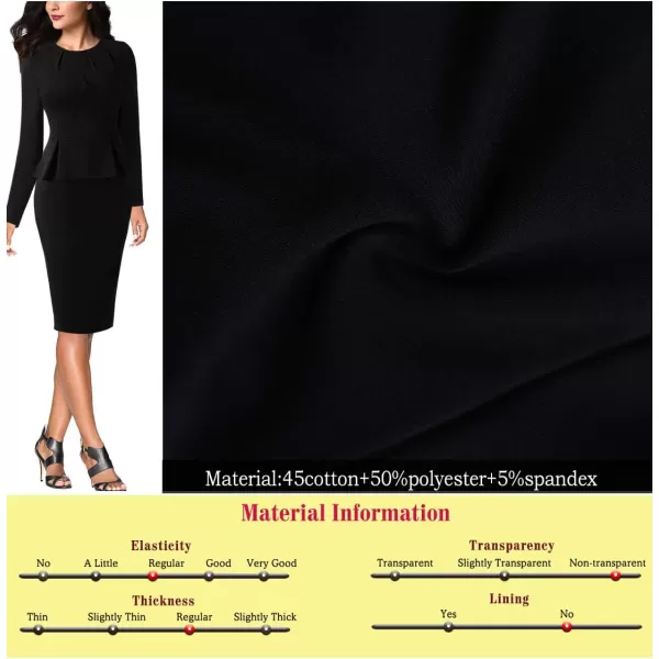 VFSHOW Womens Pleated Crew Neck Peplum Work Office Business Bodycon Sheath DressBlack Long Sleeve