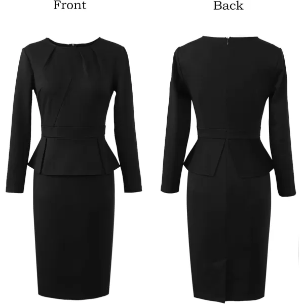 VFSHOW Womens Pleated Crew Neck Peplum Work Office Business Bodycon Sheath DressBlack Long Sleeve