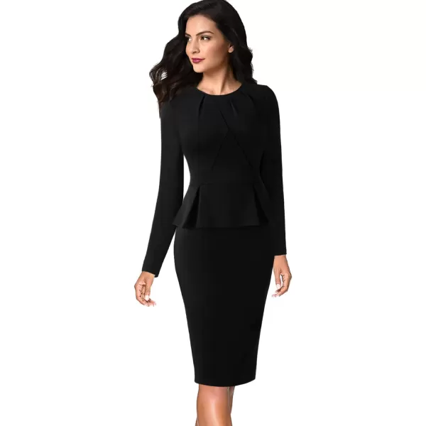 VFSHOW Womens Pleated Crew Neck Peplum Work Office Business Bodycon Sheath DressBlack Long Sleeve